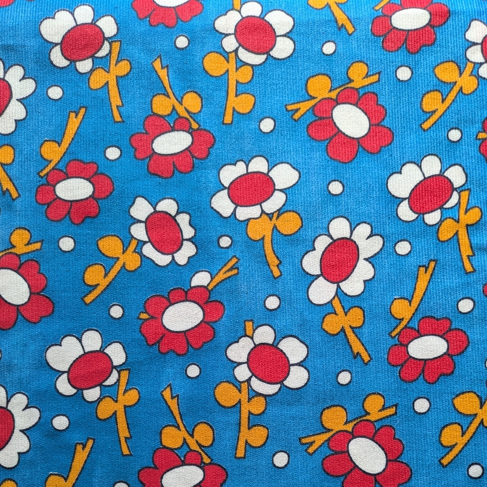 Vintage Corduroy Fabric Yardage Blue Red Hippie Mod Flower Power Print 2 Yds